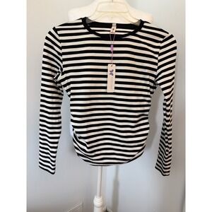 Darong Womens Black White Striped Long Sleeve Ruched Side Crew Neck Top Size M